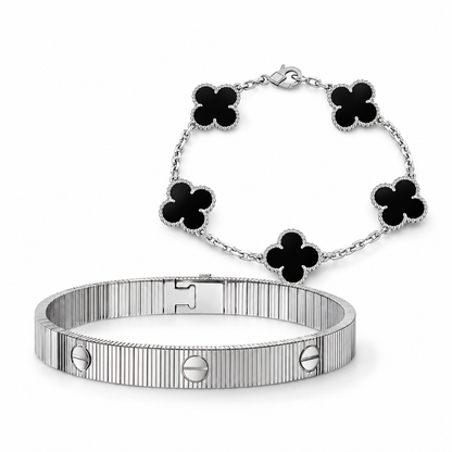 [Lora]Clover & Love Sliver 2-Piece Bracelet Stack Set