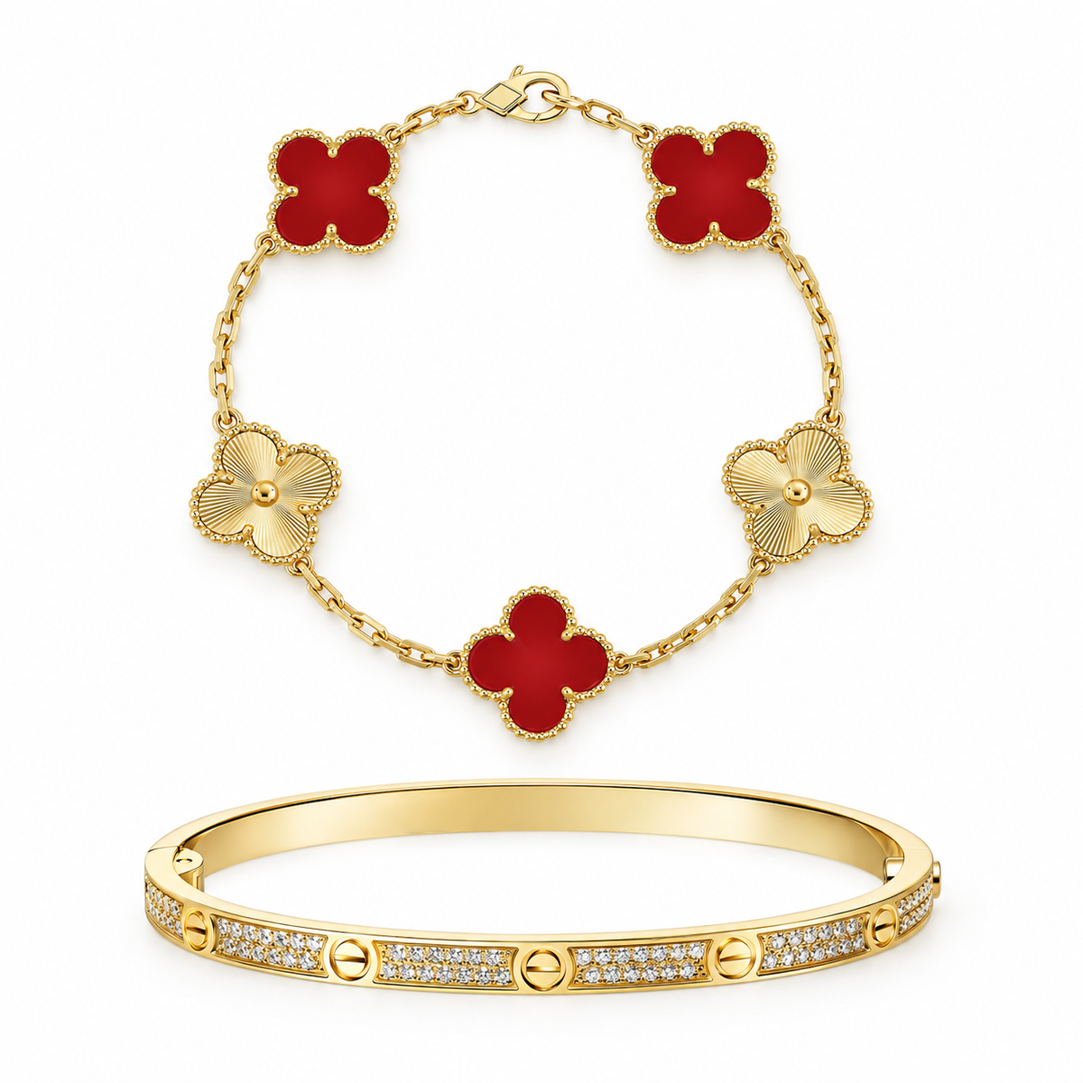 [Lora]Clover & Love Diamond-Paved Radiant Line 2-Piece Bracelet Stack Set