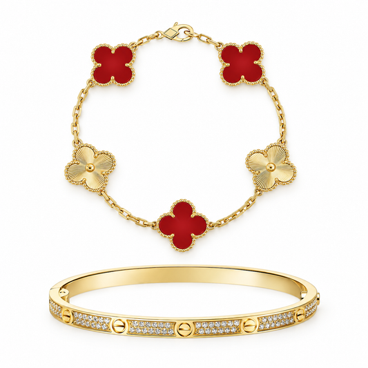 [Lora]Clover & Love Diamond-Paved Radiant Line 2-Piece Bracelet Stack Set