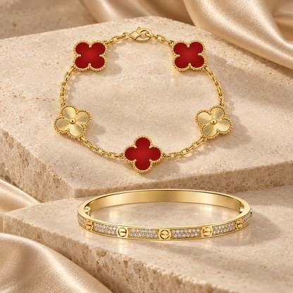 [Lora]Clover & Love Diamond-Paved Radiant Line 2-Piece Bracelet Stack Set