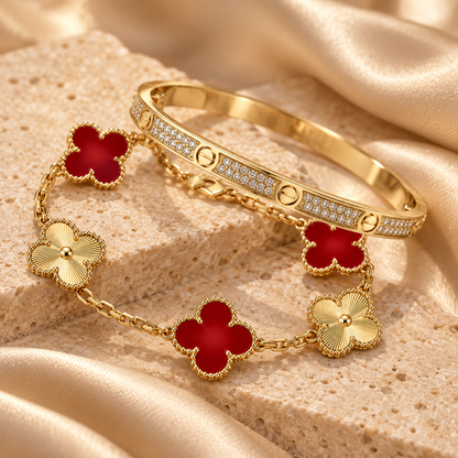 [Lora]Clover & Love Diamond-Paved Radiant Line 2-Piece Bracelet Stack Set