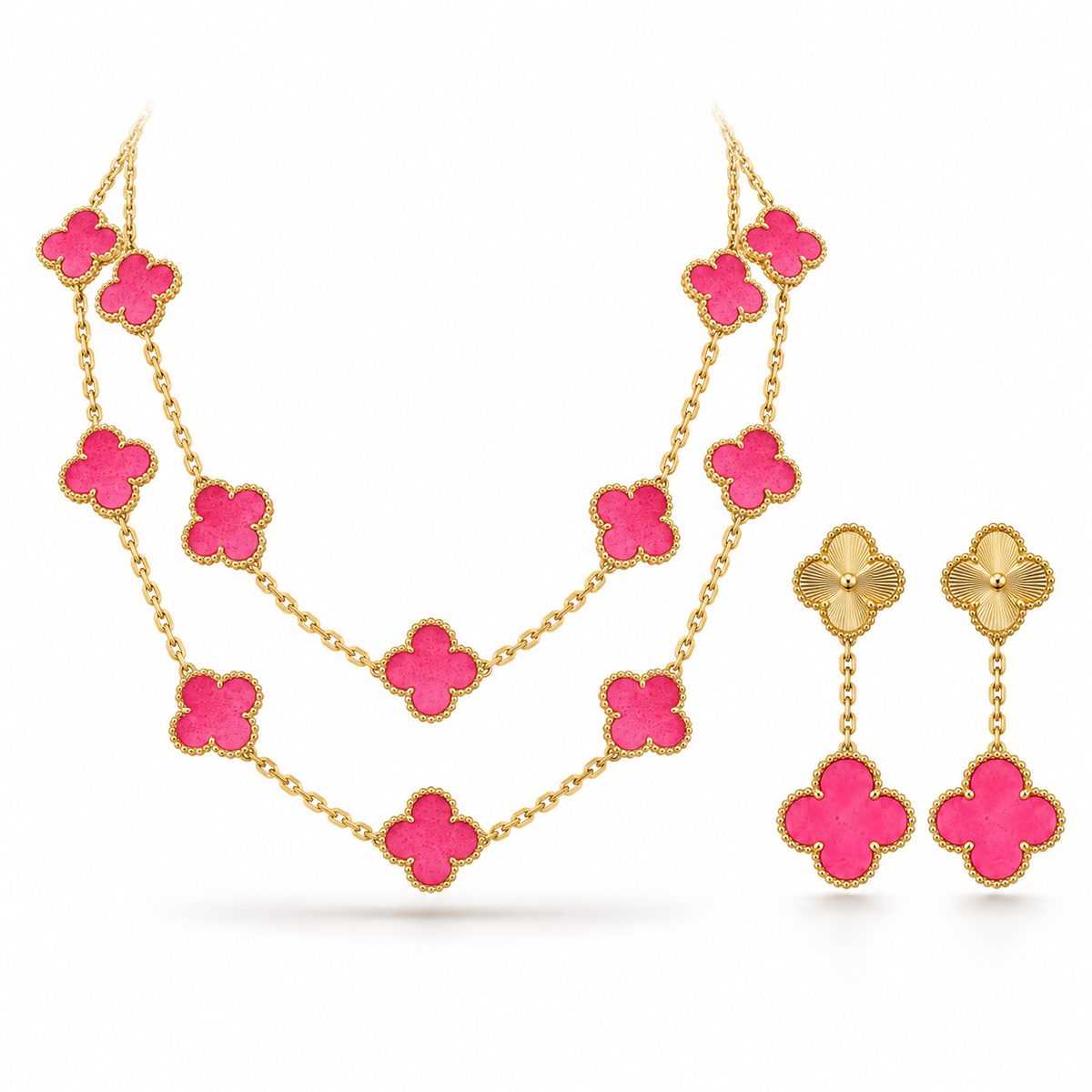 [Lora]Clover Pink Enamel Necklace & Earring Jewelry Set
