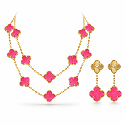[Lora]Clover Pink Enamel Necklace & Earring Jewelry Set
