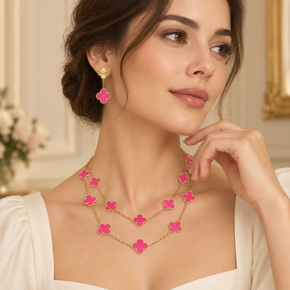 [Lora]Clover Pink Enamel Necklace & Earring Jewelry Set