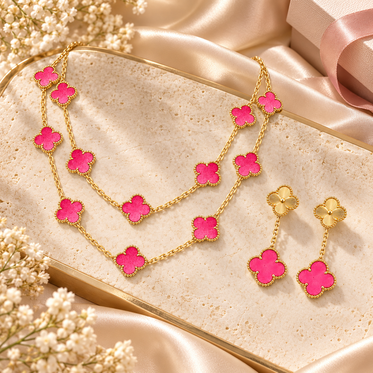 [Lora]Clover Pink Enamel Necklace & Earring Jewelry Set