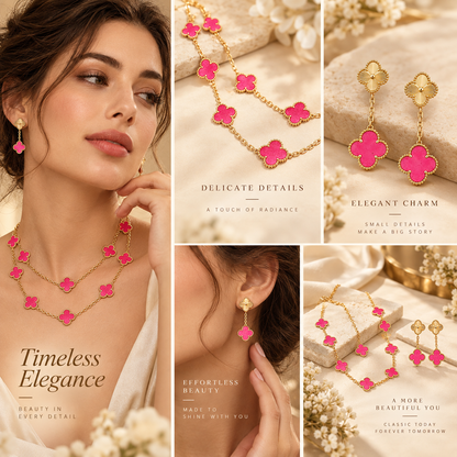 [Lora]Clover Pink Enamel Necklace & Earring Jewelry Set