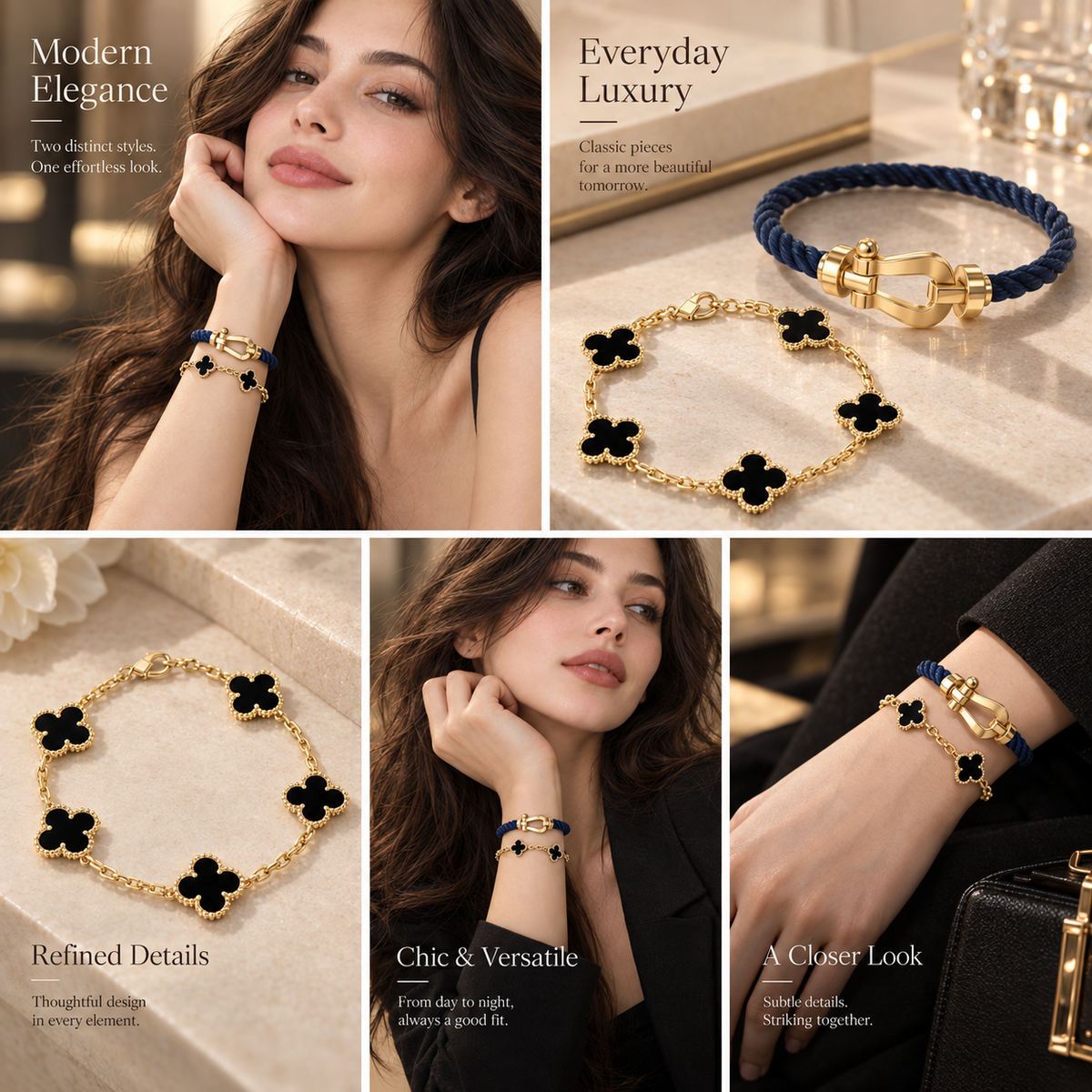 [Lora]Force Horseshoe & Clover 5 Motifs Bracelet Stack Set
