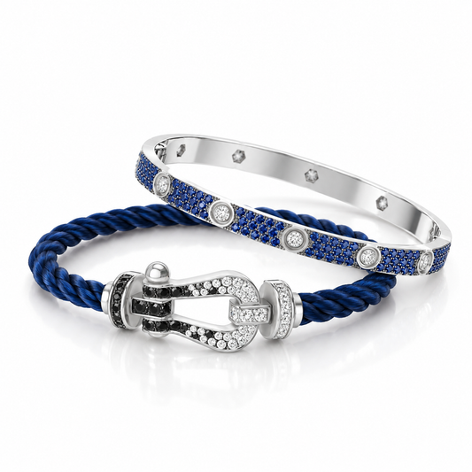[Lora]Pave Gemstone Love &Force Large Horseshoe Diamond Duo Bracelet Stack Set