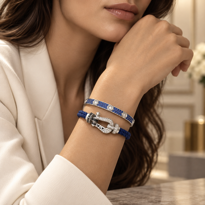 [Lora]Pave Gemstone Love &Force Large Horseshoe Diamond Duo Bracelet Stack Set