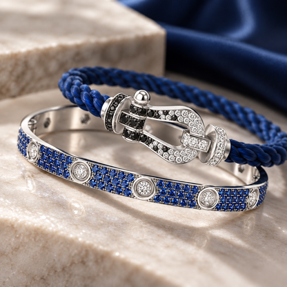 [Lora]Pave Gemstone Love &Force Large Horseshoe Diamond Duo Bracelet Stack Set