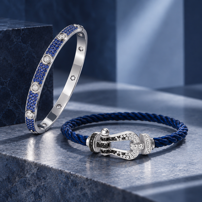 [Lora]Pave Gemstone Love &Force Large Horseshoe Diamond Duo Bracelet Stack Set