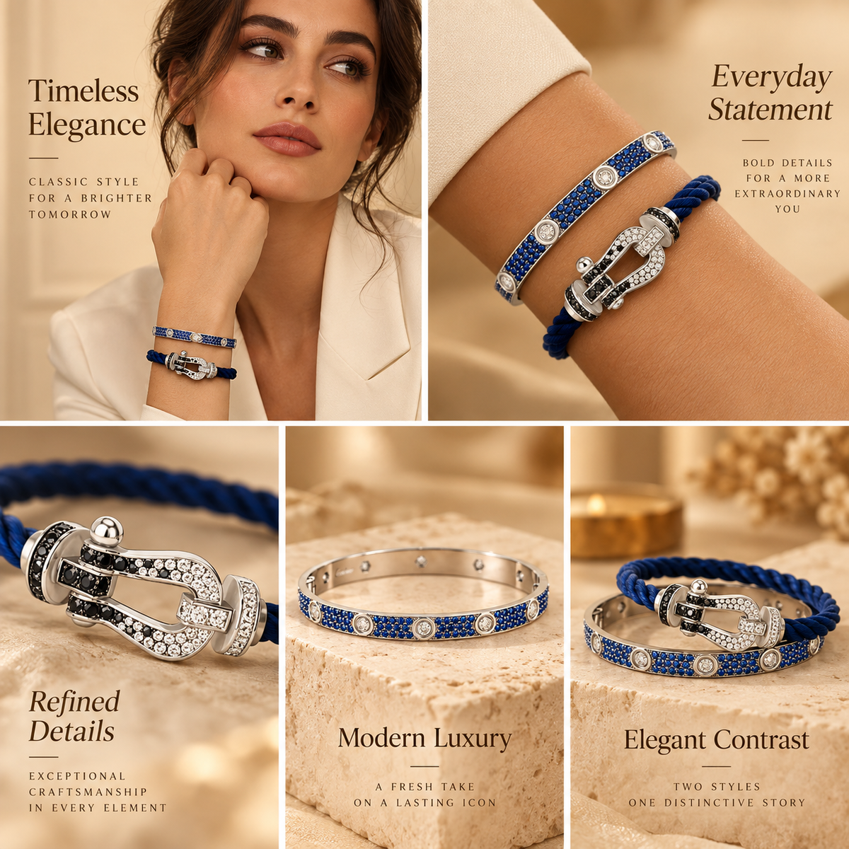 [Lora]Pave Gemstone Love &Force Large Horseshoe Diamond Duo Bracelet Stack Set