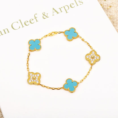 [LORA]CLOVER 5 MOTIF TURQUOISE DIAMOND GOLD BRACELET