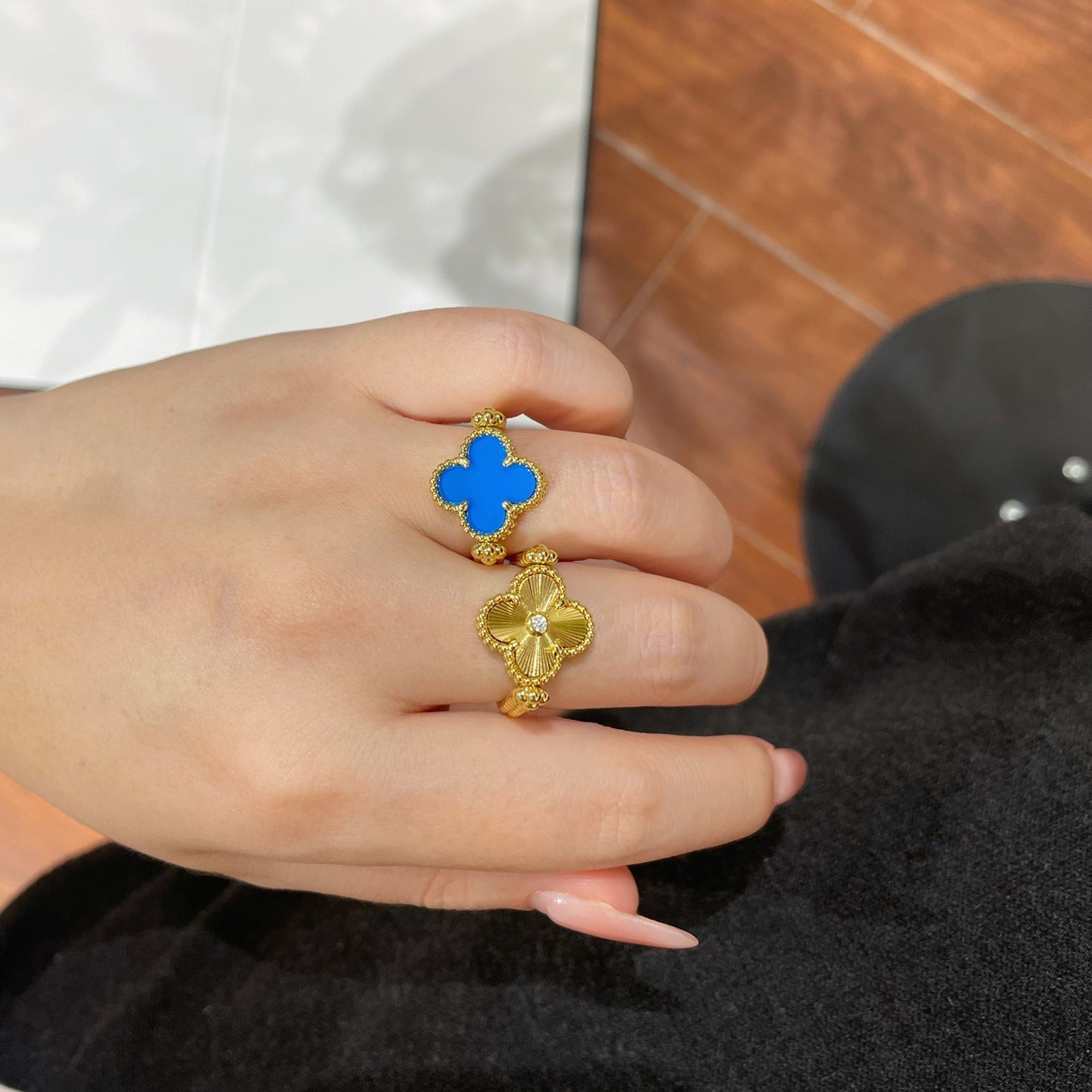 [LORA]CLOVER RIVERSIBLE BLUE AGATE RING