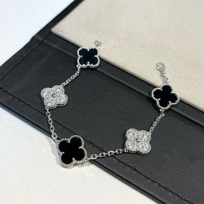 [LORA]CLOVER 5 MOTIF ONYXS DIAMOND BRACELET SILVER