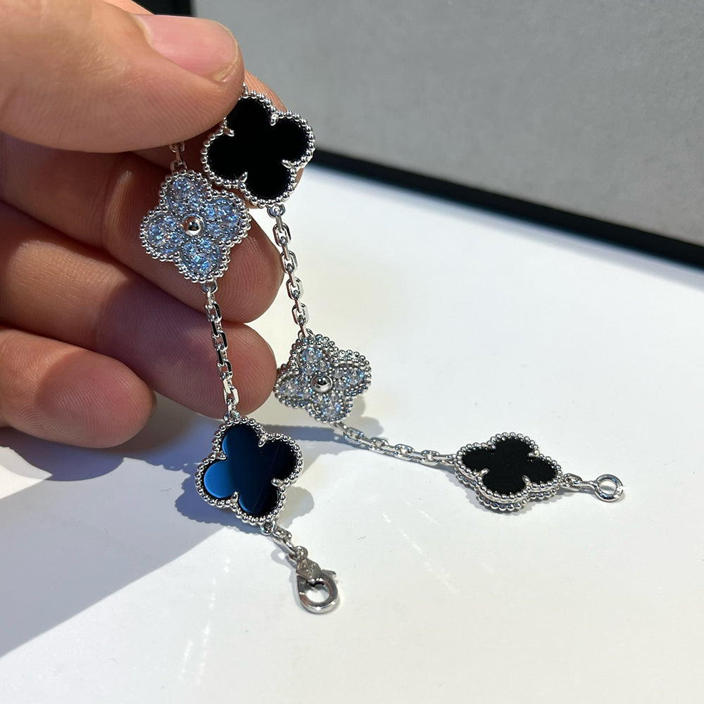 [LORA]CLOVER 5 MOTIF ONYXS DIAMOND BRACELET SILVER