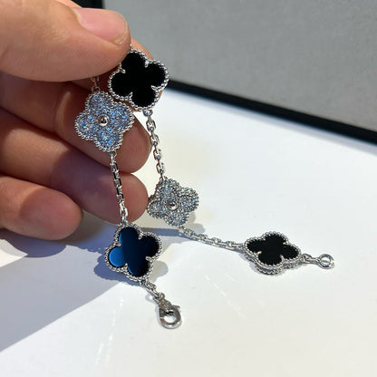 [LORA]CLOVER 5 MOTIF ONYXS DIAMOND BRACELET SILVER