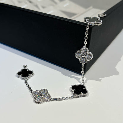 [LORA]CLOVER 5 MOTIF ONYXS DIAMOND BRACELET SILVER