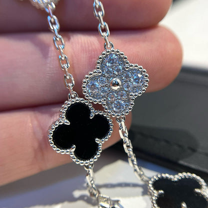 [LORA]CLOVER 5 MOTIF ONYXS DIAMOND BRACELET SILVER