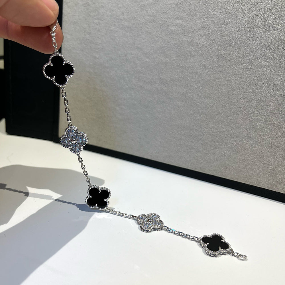 [LORA]CLOVER 5 MOTIF ONYXS DIAMOND BRACELET SILVER
