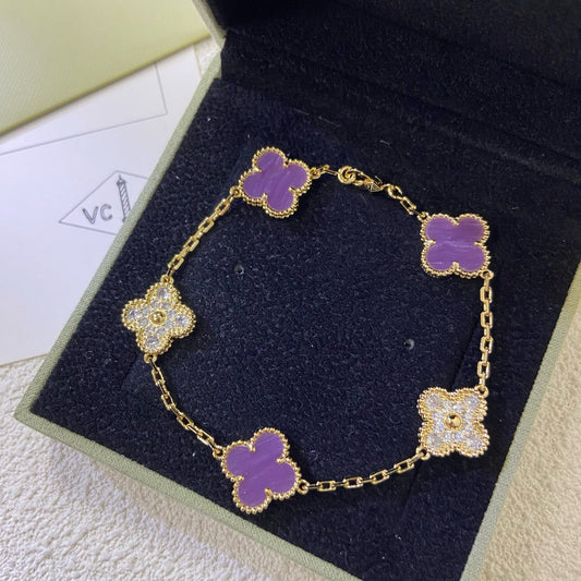 [LORA]CLOVER  5 MOTIFS  PURPLE VIOLET DIAMOND BRACELET