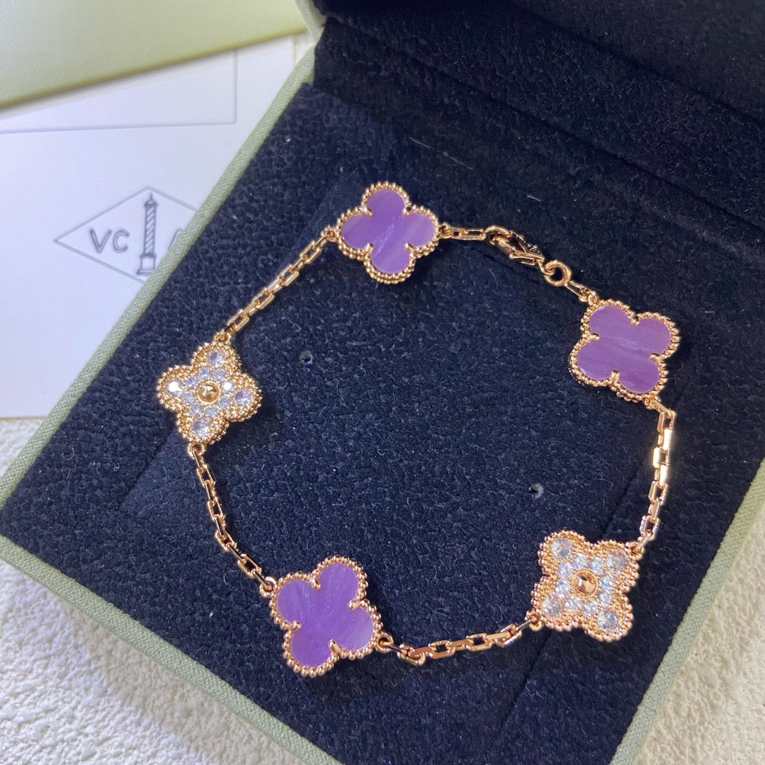 [LORA]CLOVER  5 MOTIFS  PURPLE VIOLET DIAMOND BRACELET