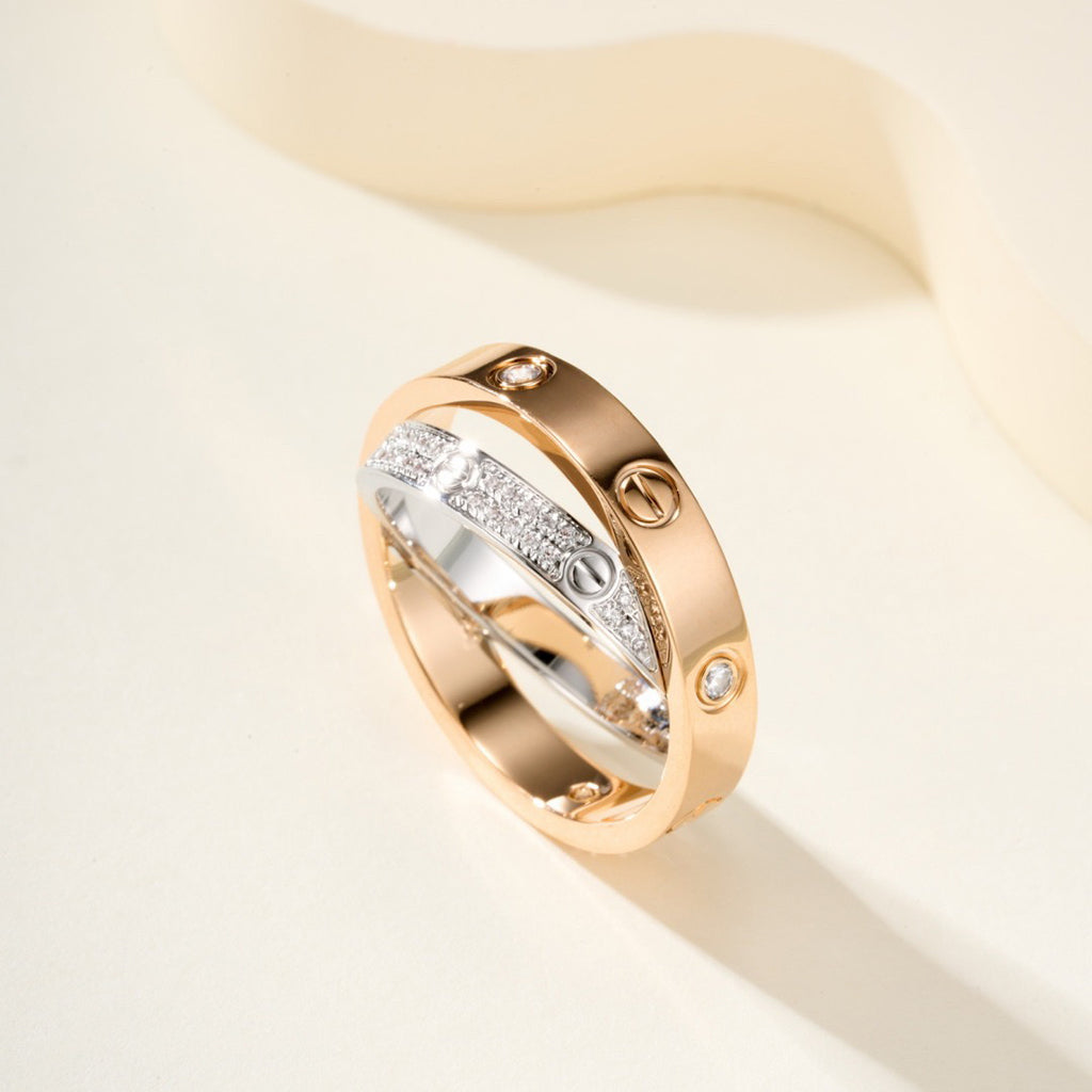 [LORA] LOVE PINK GOLD SILVER DIAMOND DOUBLE RING