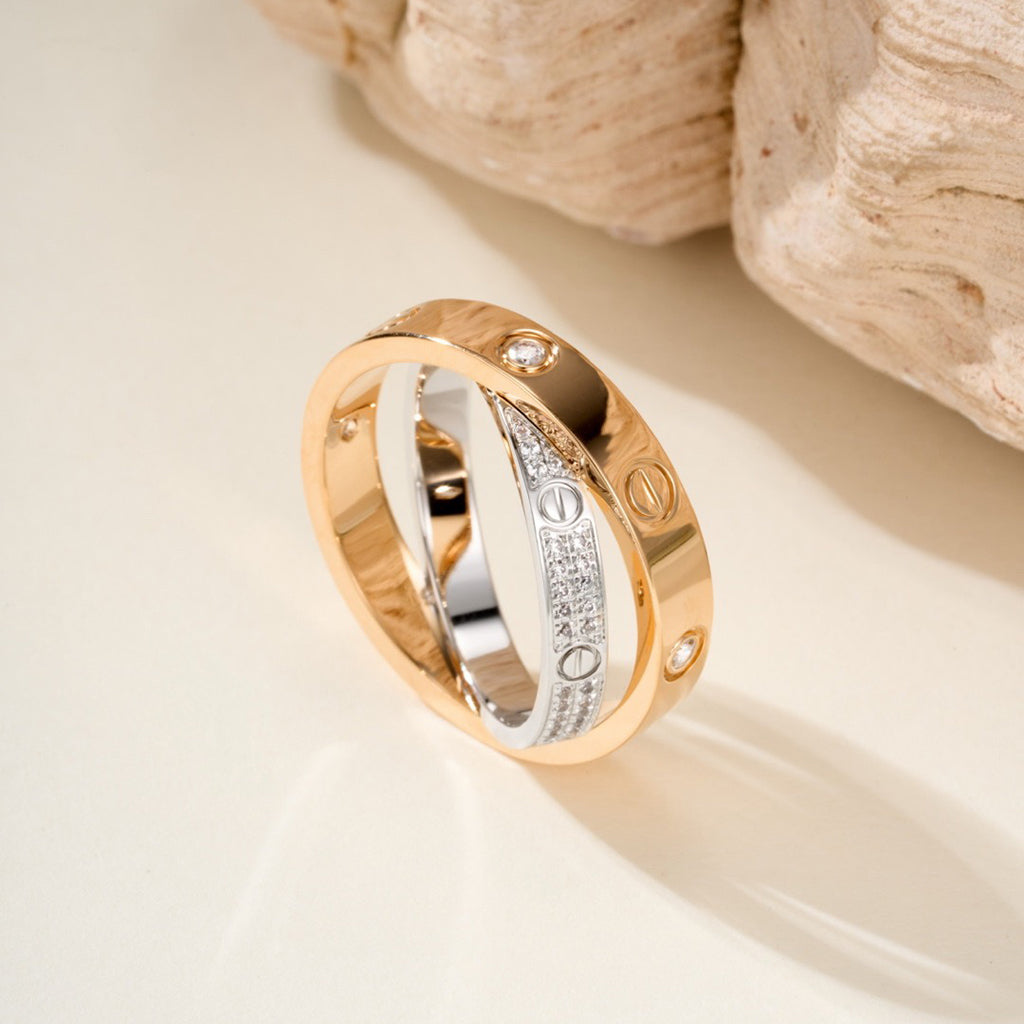 [LORA] LOVE PINK GOLD SILVER DIAMOND DOUBLE RING