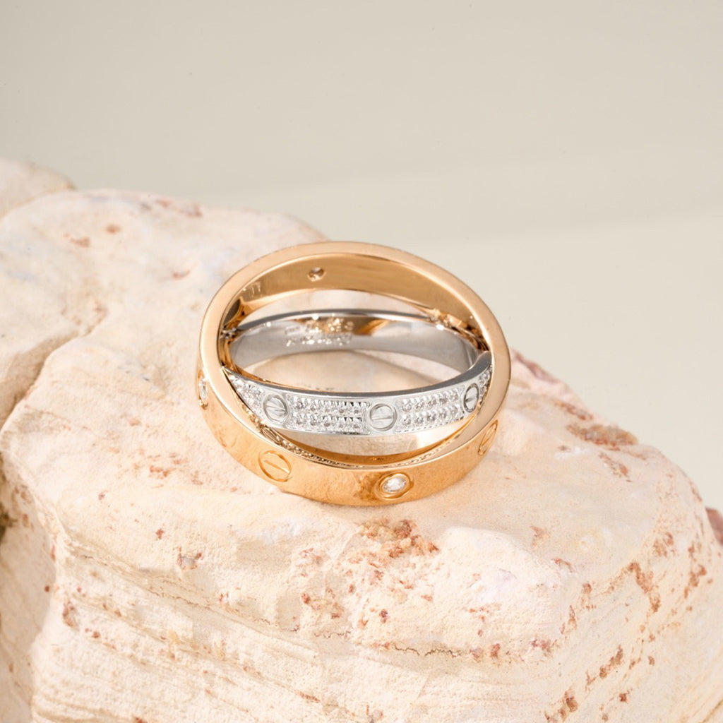 [LORA] LOVE PINK GOLD SILVER DIAMOND DOUBLE RING