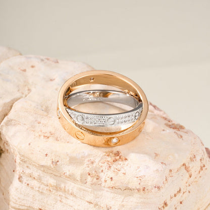 [LORA] LOVE PINK GOLD SILVER DIAMOND DOUBLE RING