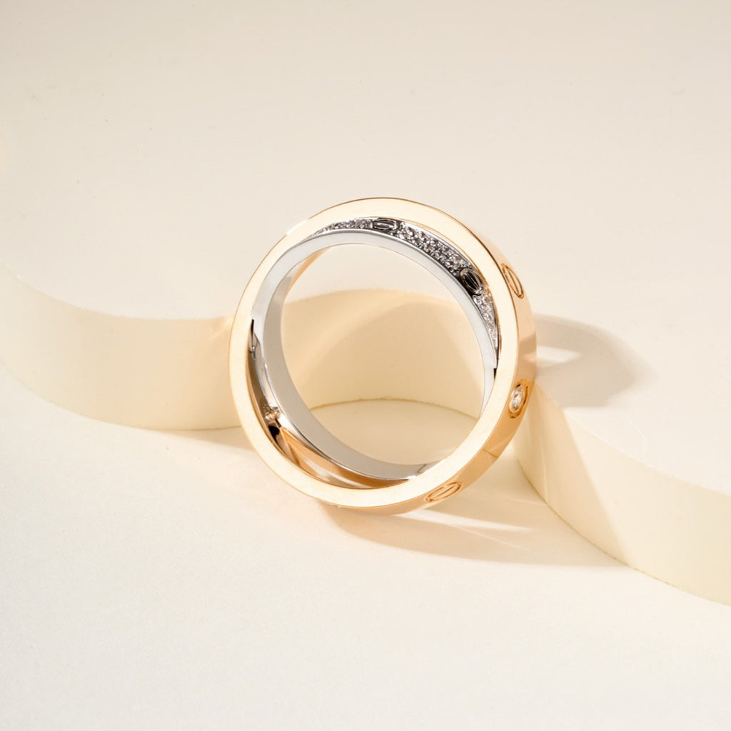 [LORA] LOVE PINK GOLD SILVER DIAMOND DOUBLE RING