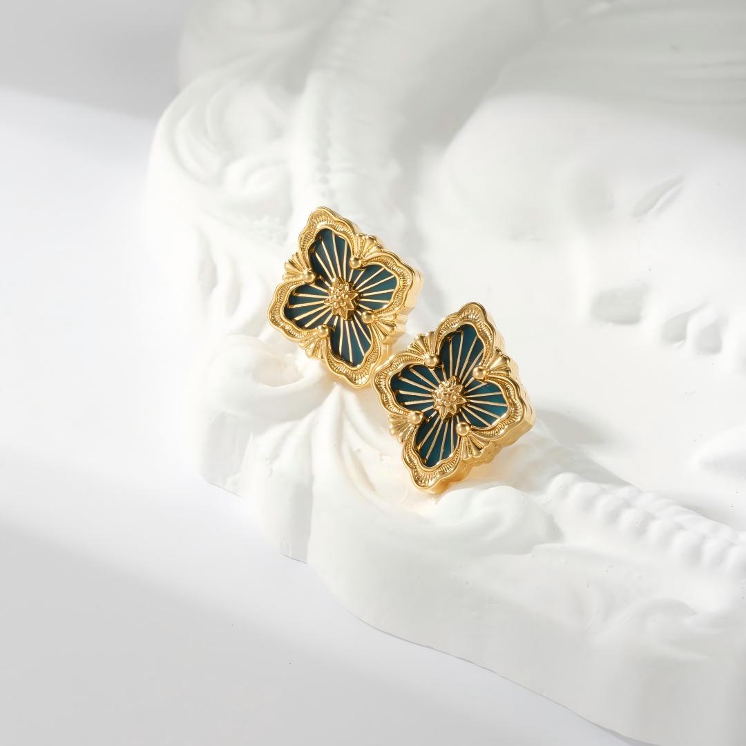 [Lora JEWELRY]OPERA TULLE GOLD BUTTON EARRINGS ENAMELED ELEMENT