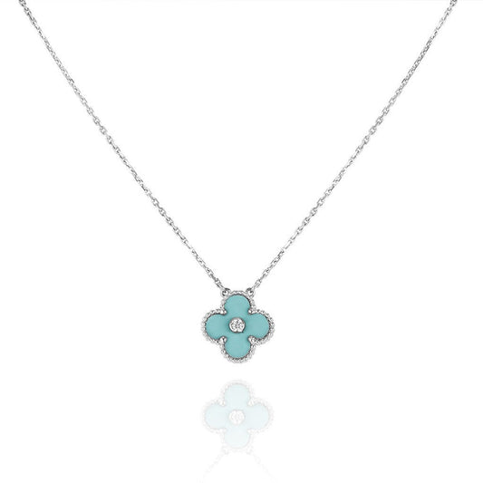 [LORA]CLOVER 1 DIAMOND LIGHT BLUE SILVER NECKLACE