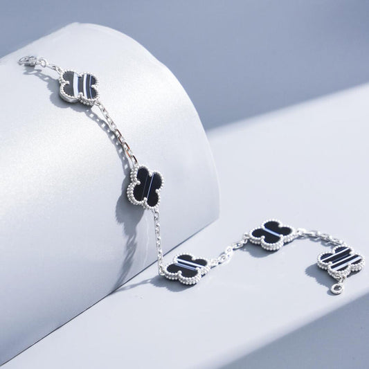 [LORA]CLOVER 5 MOTIF VEINED ONYX BRACELET SILVER