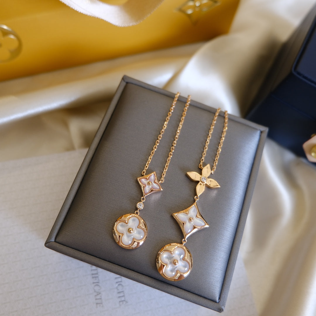 [LORA]COLOR BLOSSOM LARIAT NECKLACE PINK GOLD WHITE MOTHER PEARL AND DIAMOND