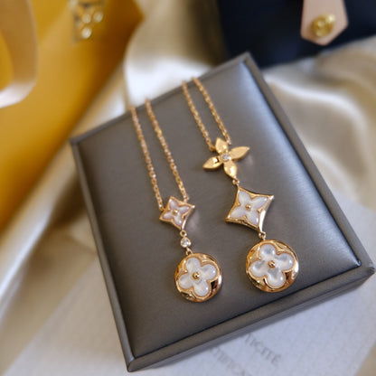 [LORA]COLOR BLOSSOM LARIAT NECKLACE PINK GOLD WHITE MOTHER PEARL AND DIAMOND