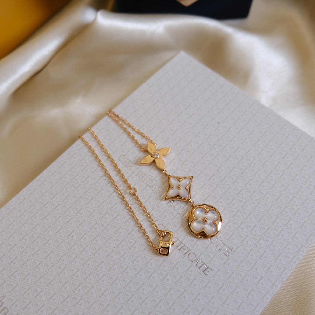 [LORA]COLOR BLOSSOM LARIAT NECKLACE PINK GOLD WHITE MOTHER PEARL AND DIAMOND