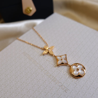 [LORA]COLOR BLOSSOM LARIAT NECKLACE PINK GOLD WHITE MOTHER PEARL AND DIAMOND