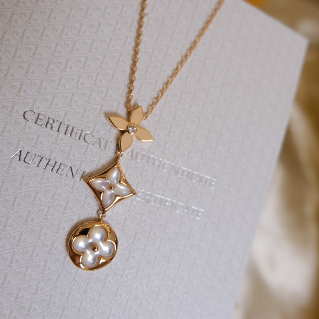 [LORA]COLOR BLOSSOM LARIAT NECKLACE PINK GOLD WHITE MOTHER PEARL AND DIAMOND