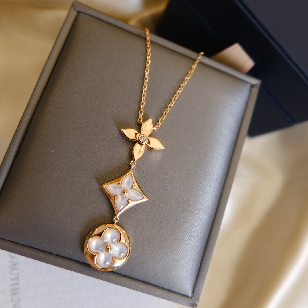 [LORA]COLOR BLOSSOM LARIAT NECKLACE PINK GOLD WHITE MOTHER PEARL AND DIAMOND