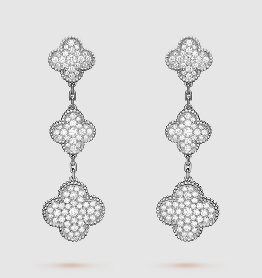 [Lora]CLOVER 3 MOTIF DIAMOND SILVER DROP EARRINGS
