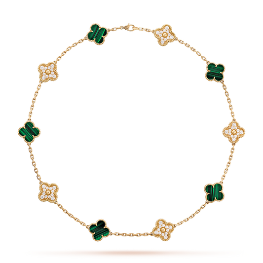 [Lora]CLOVER 10 MOTIFS MALACHITE DIAMOND NECKLACE