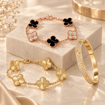 [Lora]Clover Laser  Pulsar Stone 5-Motif & LOVE Diamond-Paved Bracelet Stack Set