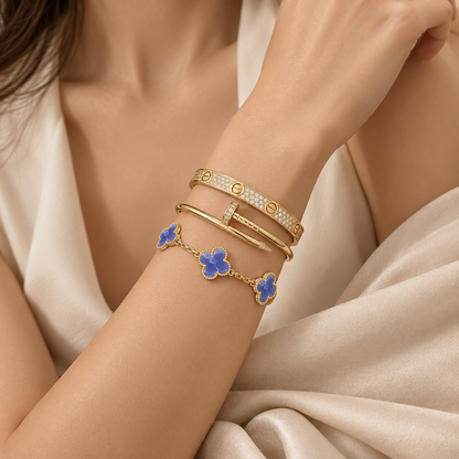 [Lora] LOVE & JUSTE & Blue Veins Clover 5-Motif Diamond Bracelet Stack Set