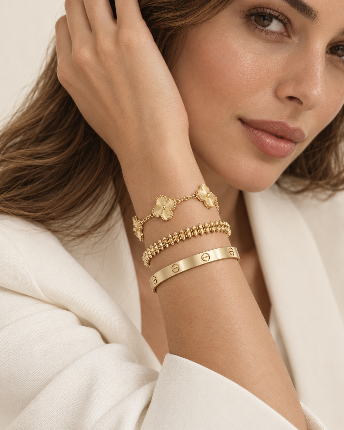 [Lora] CLASH & Clover Laser 5-Motif & LOVE Brushed Bracelet Stack Set
