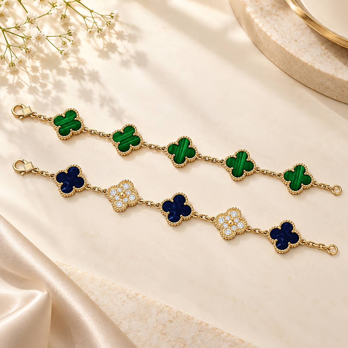 [Lora]Clover 5-Motif Malachite & Pietersite Bracelet Stack Set