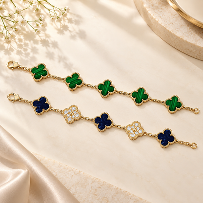 [Lora]Clover 5-Motif Malachite & Pietersite Bracelet Stack Set