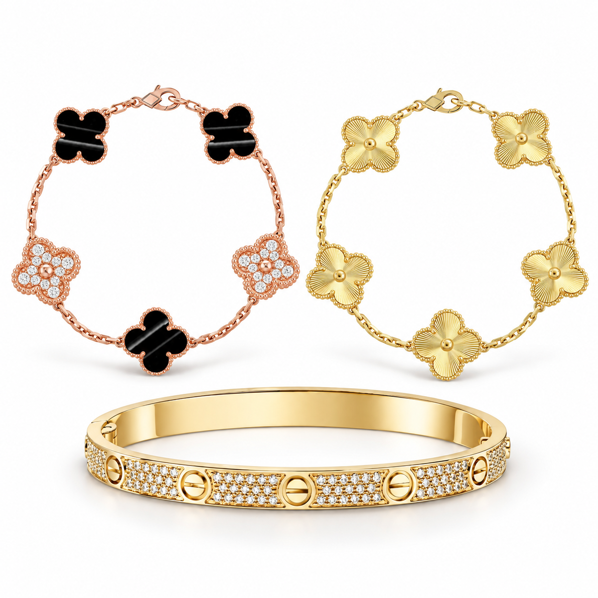 [Lora]Clover Laser  Pulsar Stone 5-Motif & LOVE Diamond-Paved Bracelet Stack Set