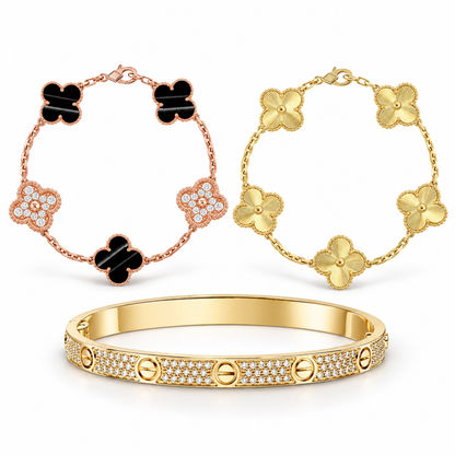 [Lora]Clover Laser  Pulsar Stone 5-Motif & LOVE Diamond-Paved Bracelet Stack Set