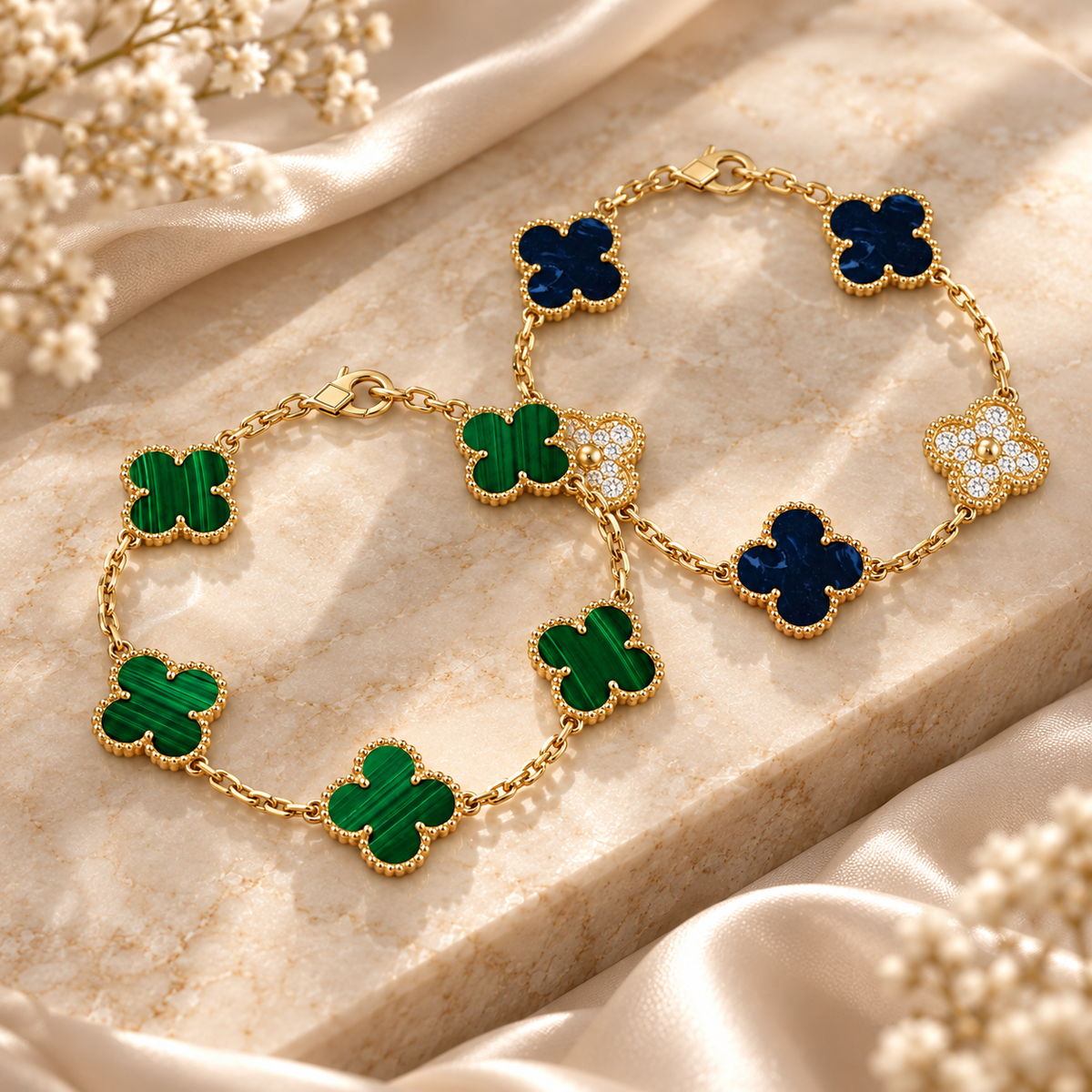 [Lora]Clover 5-Motif Malachite & Pietersite Bracelet Stack Set